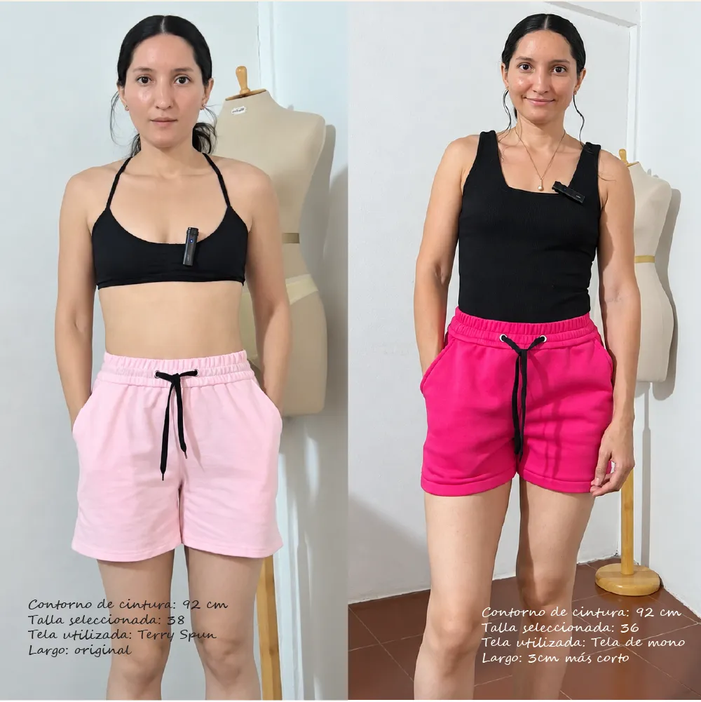 Mujer modelando shorts casuales creados con patrones de costura PDF de Meiling Mendoza en dos colores diferentes.