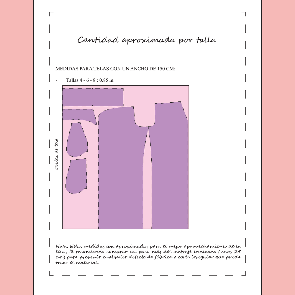 Esquema de corte para patrón de costura Pantalón Rose Niña con medidas de tela para tallas 4, 6 y 8.