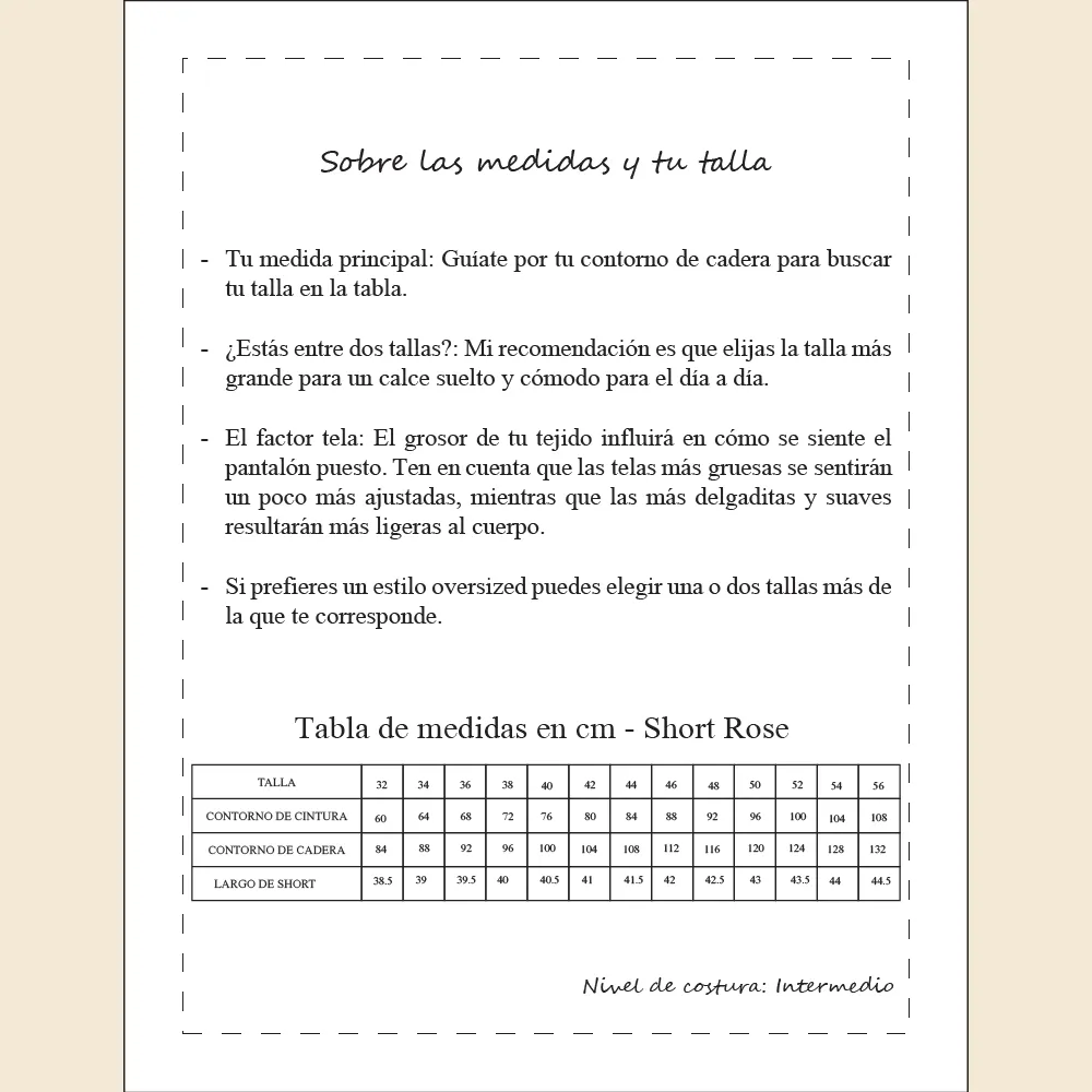 Guía sobre cómo elegir la talla correcta en patrones de costura PDF de Meiling Mendoza con recomendaciones de cómo tomar las medidas