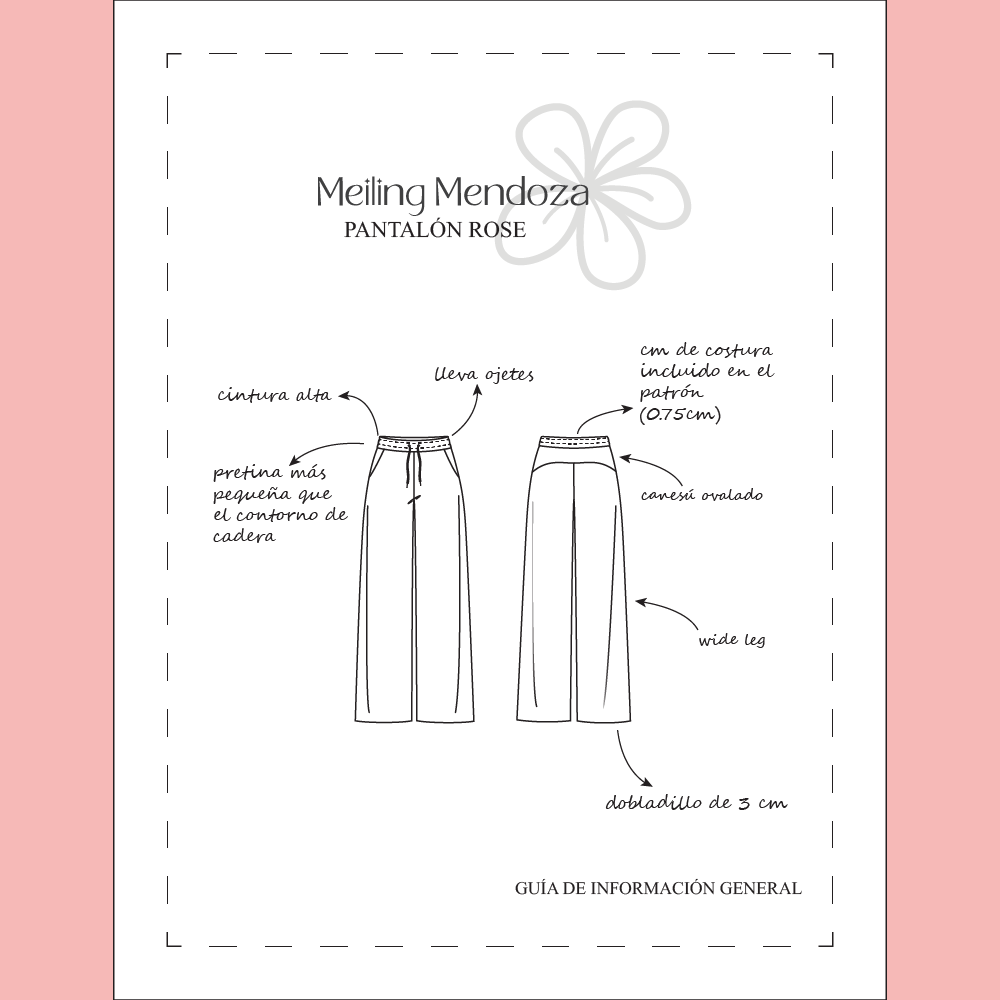 Guía técnica del Patrón de costura Pantalón Rose Niña con detalles de confección, pretina y estilo wide leg.