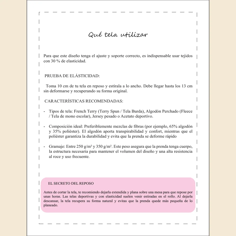 Guía sobre qué telas elegir para patrones de costura PDF de Meiling Mendoza con recomendaciones de elasticidad y tejido.