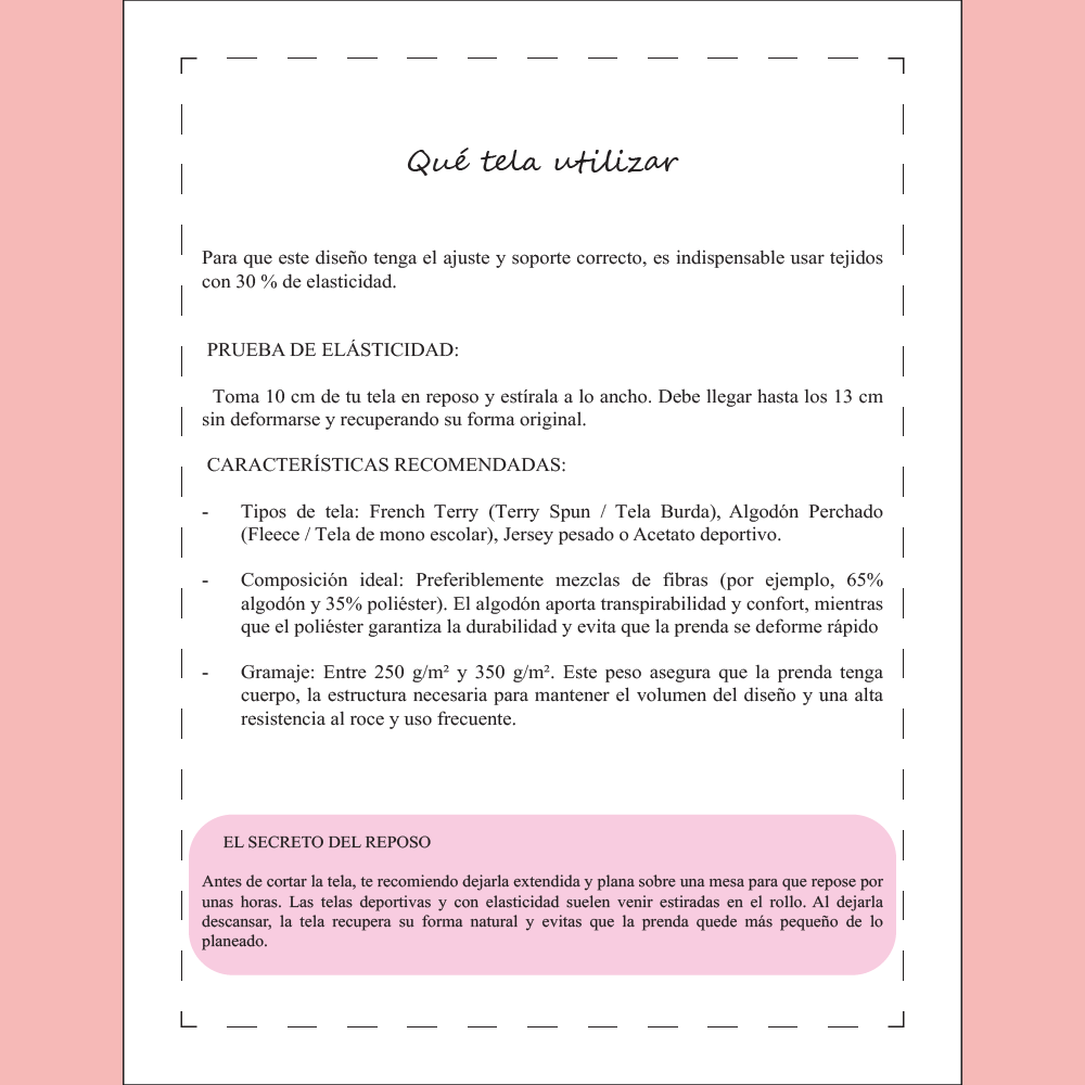 Guía técnica sobre telas para el patrón de costura Pantalón Rose Niña, incluyendo pruebas de elasticidad y gramajes.