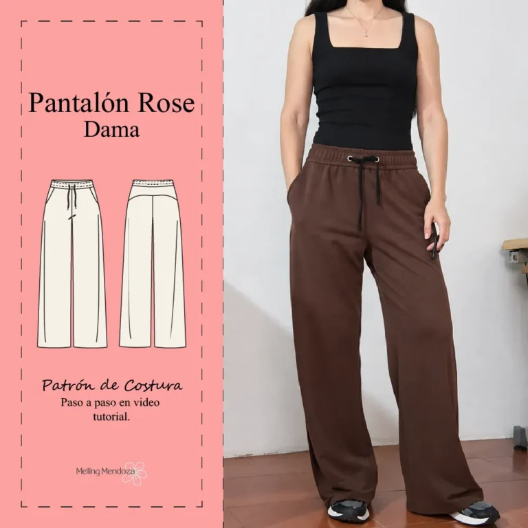 Modelo vistiendo pantalón wide leg café con elástico, diseño basado en el patrón de costura Pantalón Rose de Meiling Mendoza.