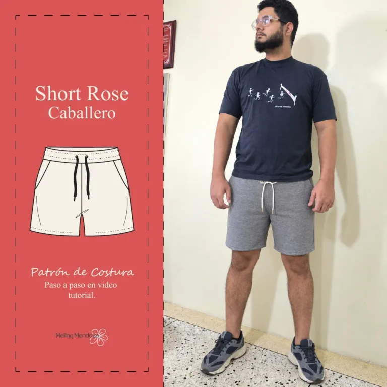 Hombre vistiendo Short Rose, patrón de costura digital con tutorial paso a paso de Meiling Mendoza.