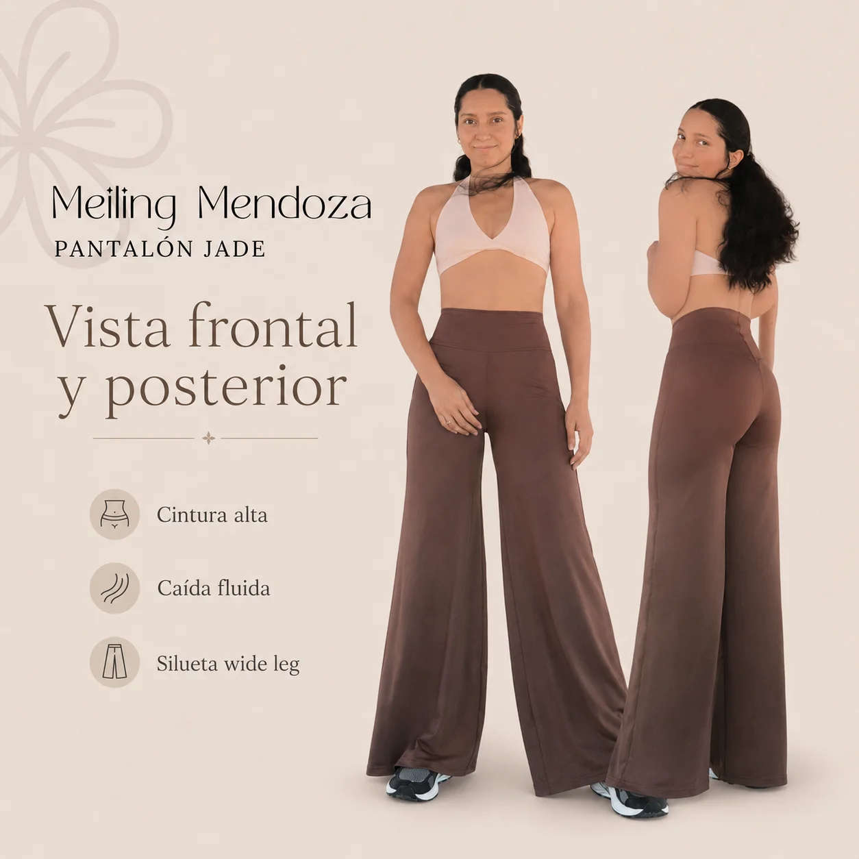 Modelo mostrando patrón de costura digital para pantalón wide leg color marrón, vista frontal y posterior.