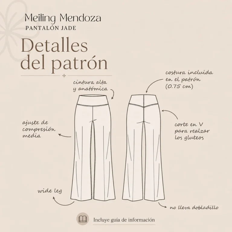 Esquema técnico de patronaje digital para pantalón Jade con detalles de costura y diseño wide leg.