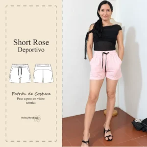 Mujer modelando el Short Rose deportivo, patrón de costura PDF de Meiling Mendoza con tutorial paso a paso incluido.