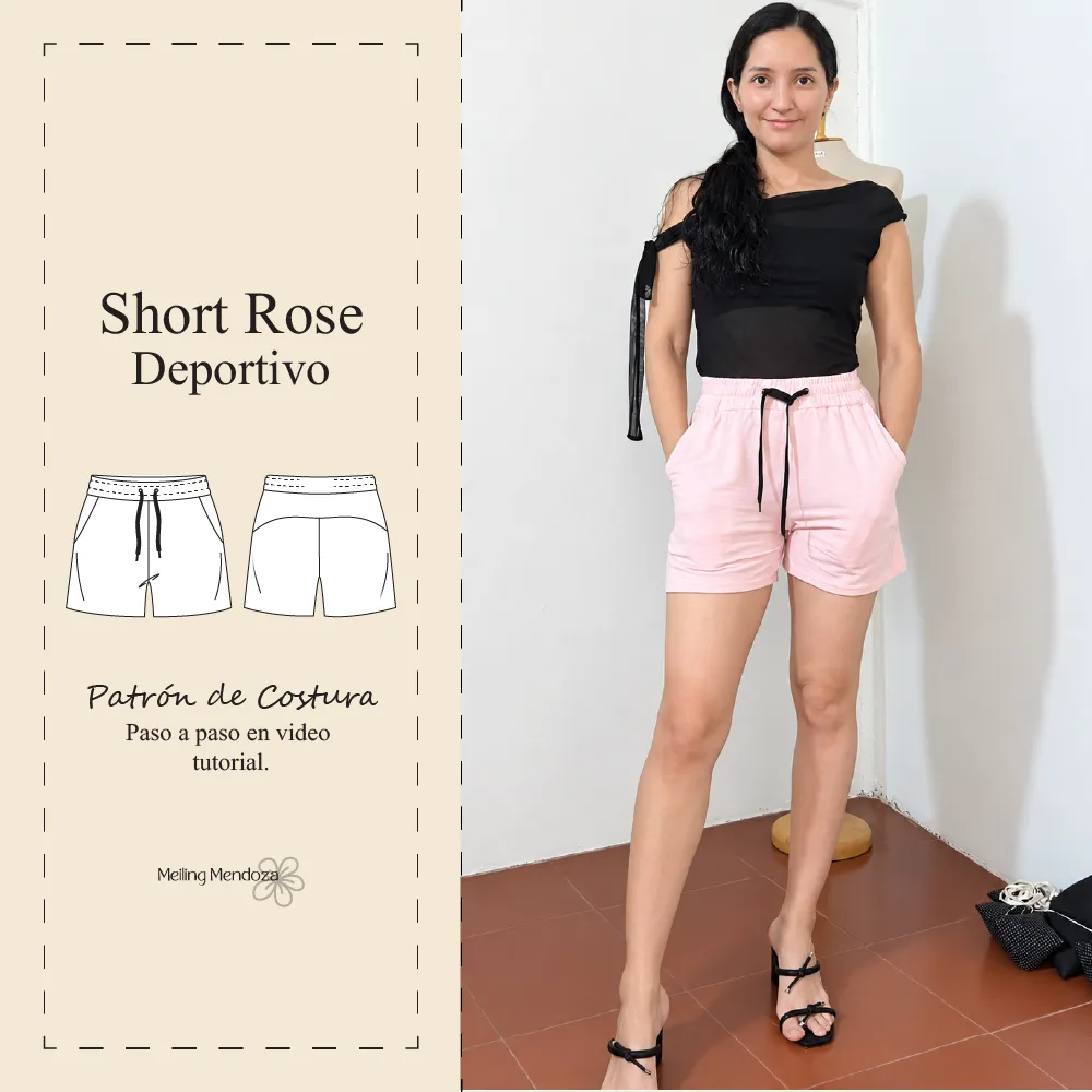Mujer modelando el Short Rose deportivo, patrón de costura PDF de Meiling Mendoza con tutorial paso a paso incluido.