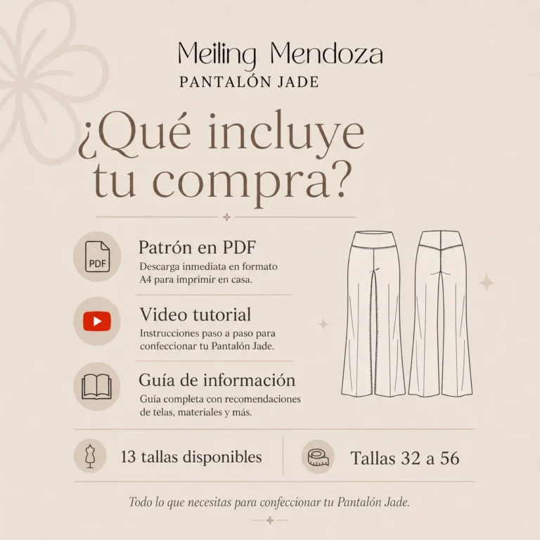 Infografía de Meiling Mendoza sobre qué incluye el patrón de costura digital en PDF para imprimir del Pantalón Jade.