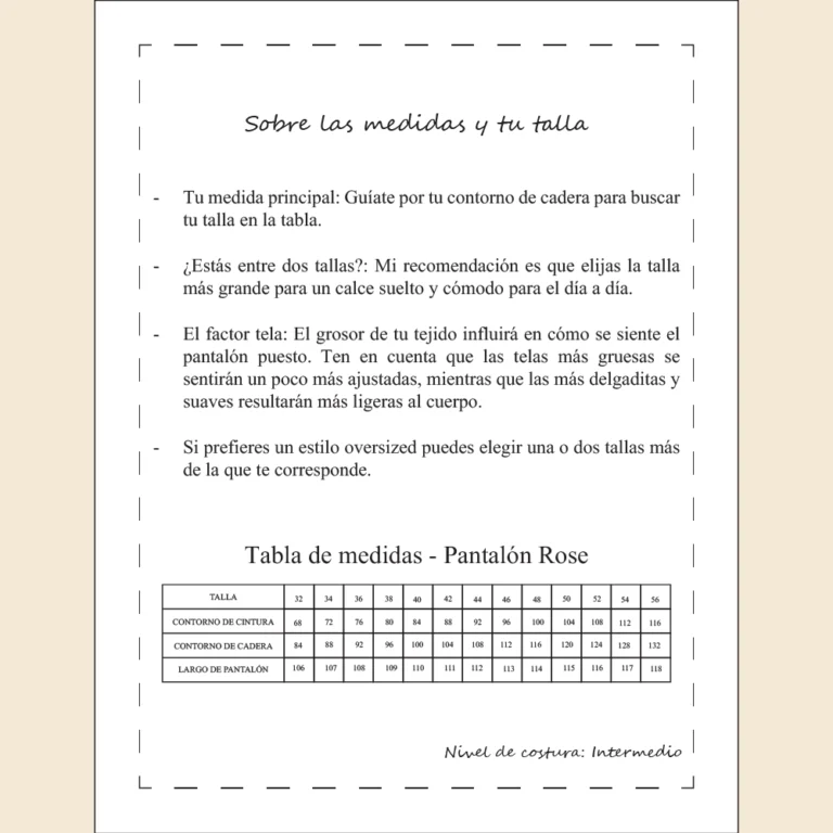 Tabla de medidas y guía de tallas para el patrón de costura Pantalón Rose Masculino, tallas 32 a 56.