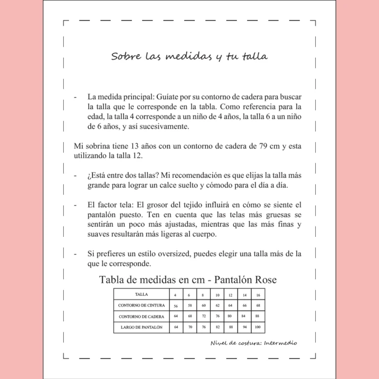 Tabla de tallas y guía de medidas para el patrón de costura Pantalón Rose Niña en formato PDF.