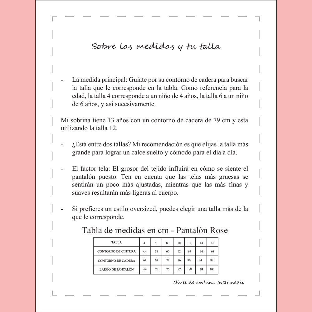 Tabla de tallas y guía de medidas para el patrón de costura Pantalón Rose Niña en formato PDF.